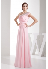 Light Pink Empire Beaded One Shoulder Prom Gowns with Ruching