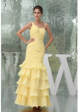 One Shoulder Ruffle-layers Ankle-length Prom Dress in Yellow