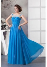 Beaded and Ruched Off Shoulder Blue Chiffon Prom Celebrity Dress