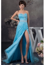 Popular Beaded Aqua Blue Brush Train Prom Dresses with High Slit