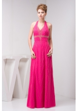 Column Hot Pink Halter Top Beaded Prom Dress with the Back Out