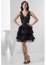 Taffeta Plunging V-neck Knee-length Ruffle-layers Black Prom Dress