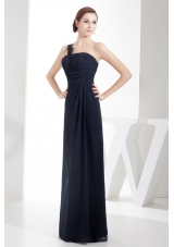 Column One Shoulder Navy Blue Chiffon Prom Gowns with Ruching