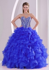 2014 Ball Gown Sweetheart Blue Quinceanera Gowns with Ruffles and Beading