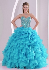 Baby Blue Sweetheart Ruffles and Beaded Decorate Sleeveless Quinceanera Gowns