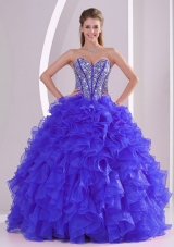 Blue Sweetheart Ruffles and Beaded Decorate Organza Quinceanera Gowns