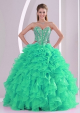 Green Ball Gown Sweetheart Ruffles and Beading Long Quinceanera Gowns in Sweet 16