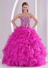 Pretty Sweetheart Ruffles and Beaded Decorate 2014 Hot Pink Quinceanera Gowns