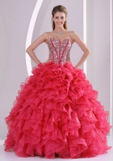 Red Ball Gown Sweetheart Ruffles and Beading Decorate Quinceanera Gowns in Sweet 16