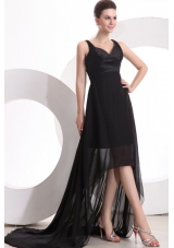 Black V-neck High-low Ruched Prom Maxi Dress with Sweep Train