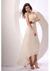 Champagne High-low Chiffon Prom Gown Dress with Hand Flowers