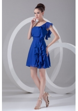 Flounced Single Sleeve Ruffled Blue Prom Graduation Dresses