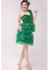 One Shoulder Sequin Ruffled Green Short Prom Pageant Dress
