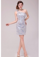 Silver One Shoulder Short Prom Gown Dresses Made by Sequin