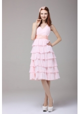 Attractive V Neck Layers Baby Pink Knee Length Prom Gowns