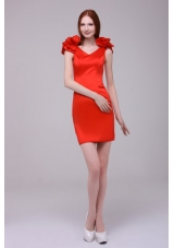 Cute Red Short Sheath V-neck Prom Gown with Handle Flowers