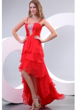 High Low Straps Rhinestone Layers Red Prom Nightclub Dress