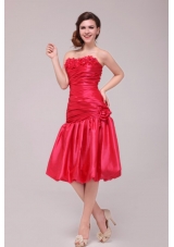 Flowers Strapless Ruched Red Taffeta Dresses for Prom Night