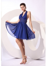 Blue A-line Halter Top Knee-length Beaded Chiffon Prom Gowns