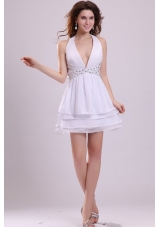 Mini-length White Halter Top Layers Prom Dresses with Beading