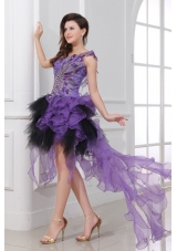 Purple and Black Asymmetrical Ruffled and Beaded Prom Gowns