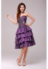 Purple A-line Beading and Ruche Layers Knee-length Prom Gowns