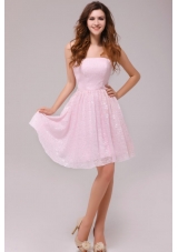 Lovely Strapless Prom Dress by Baby Pink Printed Fabric in Knee-length