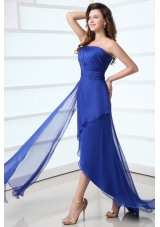 Blue Column One Shoulder Ruching High-low Chiffon Prom Gown Dress