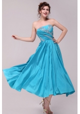 Elegant Aqua Blue A-Line Strapless Prom Evening Dress with Beading