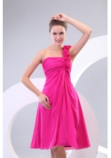 2014 Hot Pink Hand Made Flowers Ruching One Shoulder Prom Dresses