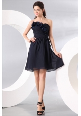 Navy Blue Strapless Hand Made Flowers Short Prom Homecoming Dress