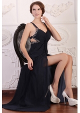 Straps Empire Chiffon Beading Sweep Train Prom Formal Dress in Black