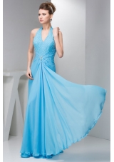 Cheap Aqua Blue Empire Halter Prom Dresses in Chiffon with Beading