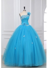 Aqua Blue Hand Made Flowers One Shoulder Quinceanera Dress