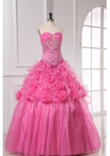 Rose Pink Appliques and Rolling Flowers Organza Quinceanera Dress