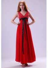 Red Beading Ankle-length V-neck Chiffon Prom Dress For Girls