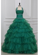 Green Halter Top Beading and Ruffles Layered Quinceanera Dress