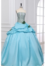 Light Blue Strapless Sequins with Hand Made Flowers Quinceanera Dress