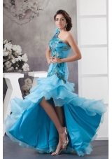 One Shoulder Blue Ruffled Prom Dress with Peacock Feather Appliques