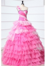 Sweet Pink One Shoulder Beading and Ruffles Layered Quinceanera Dress