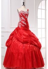 Gorgeous Red One Shoulder Organza Quinceanera Dress with Appliques
