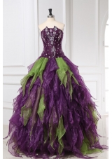 Green and Purple Strapless Organza Quinceanera Dress with Rhinestone