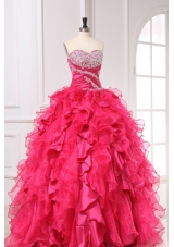 Hot Pink Sweetheart Quinceanera Dress with Beading and Ruffles