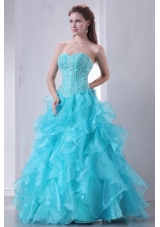 Brand New Turquoise Sweetheart Beaded and Ruffled Quinceanera Gowns