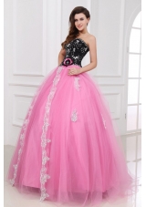 Pick and Black Quinceanera Dresses with Beading and Lace Flower