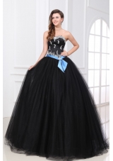 Black Ball Gown Sweet 15 Dress with Appliques and Blue Bowknot
