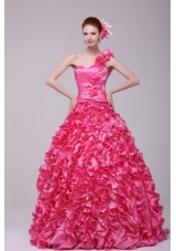 Unique One Shoulder Hot Pink Ruffled Zipper-up Quinceanera Dresses