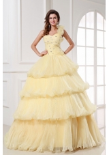 Asymmetrical Neckline Layered Light Yellow Quinceanera Dresses