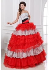 Silver and Red Sequin and Organza Ball Gown Dresses for Ladies
