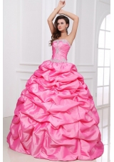 Rose Pink Sweet 16th Dress with Appliques and Pick-ups in Taffeta